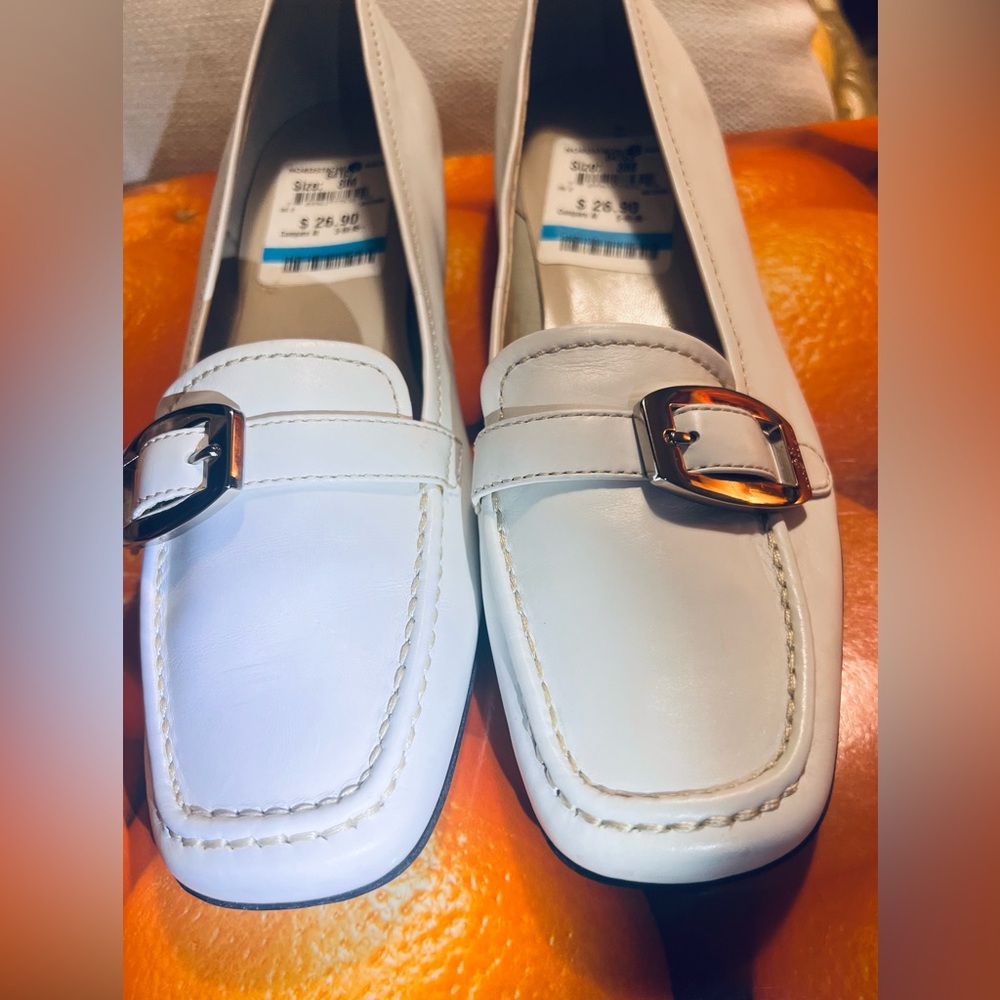 Anne Klein White Loafers with a Silver Buckle Size 8